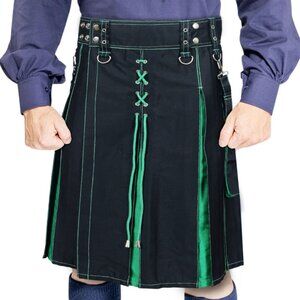 Men’s Hybrid Utility Kilt Black Green Pleats Sports Cargo Tactical